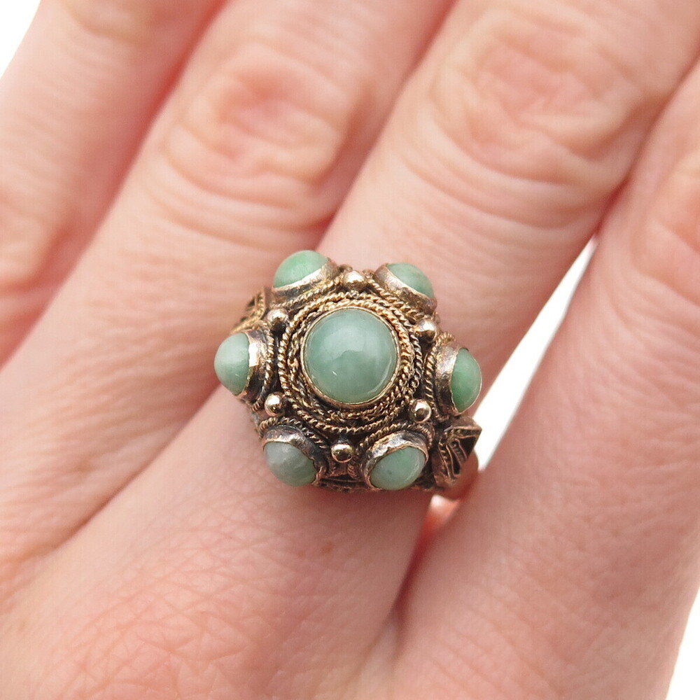 925 Sterling Gold Plated Antique China Real Jade Adjustable Ring Size 6.75